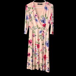 LAUREN Ralph Lauren Women's Pink Floral Print Surplice Jersey Midi Dress Size 4